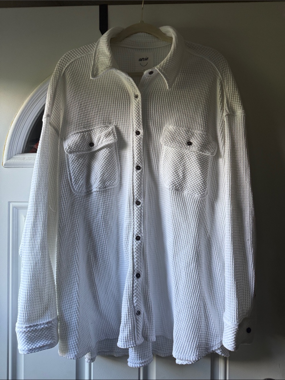 Aerie’s woman’s White Waffle-Knit Button Front Shirt Jacket